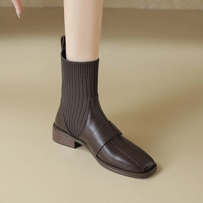 【诗博尼】【3.5cm】头层牛皮/猪皮/猪皮34-41新款百搭时尚弹力靴短靴