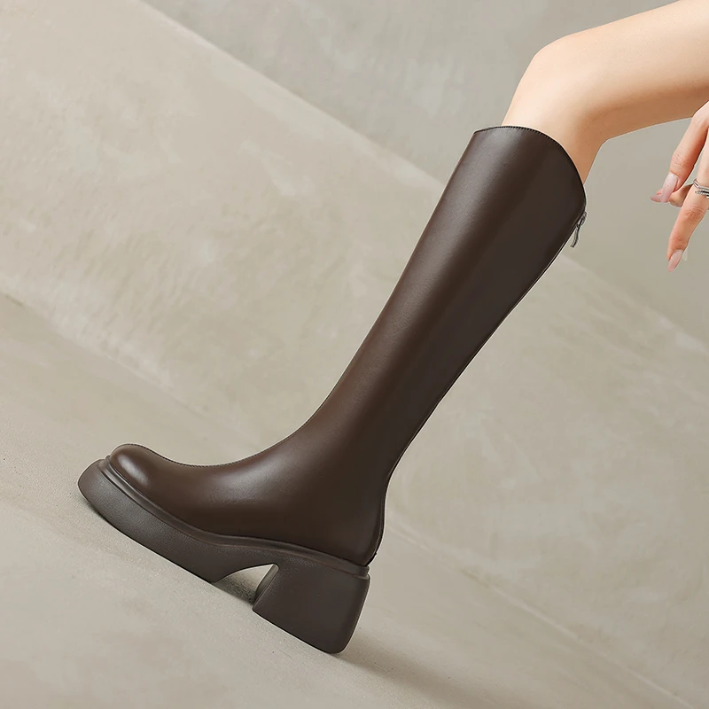 【诗博尼】【7cm】牛皮/单里/绒里34-39新款厚底高筒复古舒适长靴子女