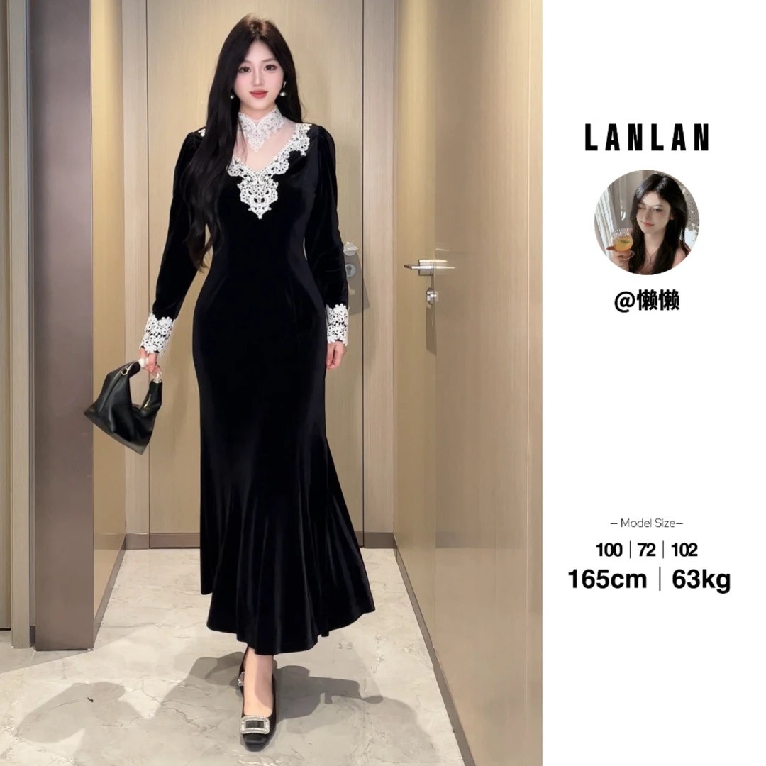 Lanlan-【夜幕时光】法式赫本风黑色丝绒连衣裙秋冬高级感气质长裙