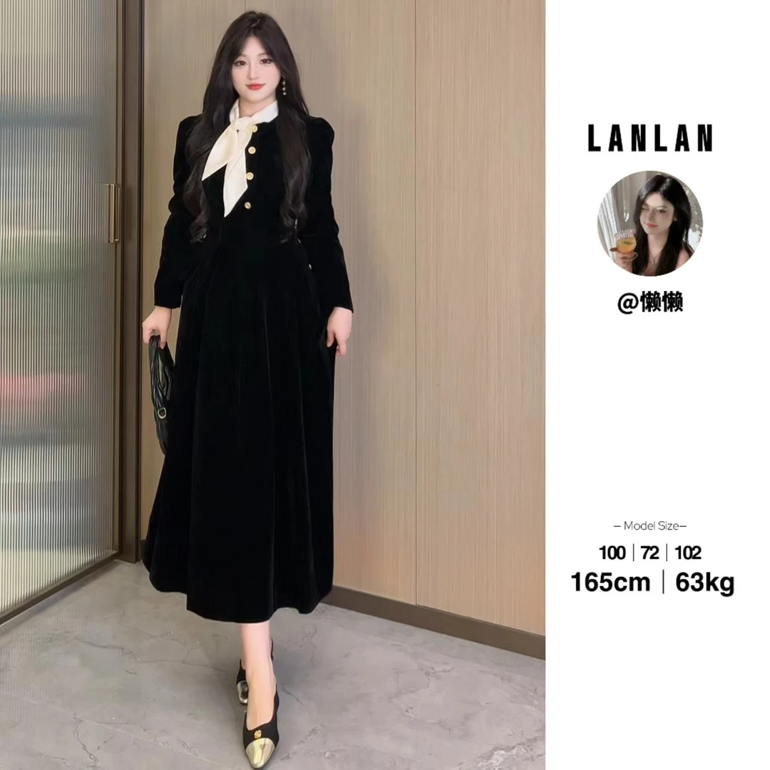 Lanlan-【梦幻之境】法式撞色蝴蝶结系带连衣裙气质高腰丝绒长裙