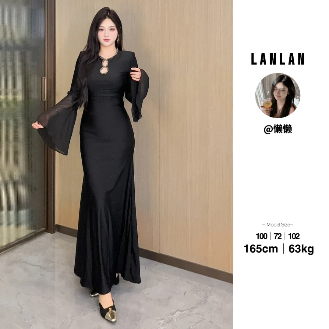 Lanlan-【清冷高知】法式高级感黑色长袖连衣裙气质性感显瘦长裙