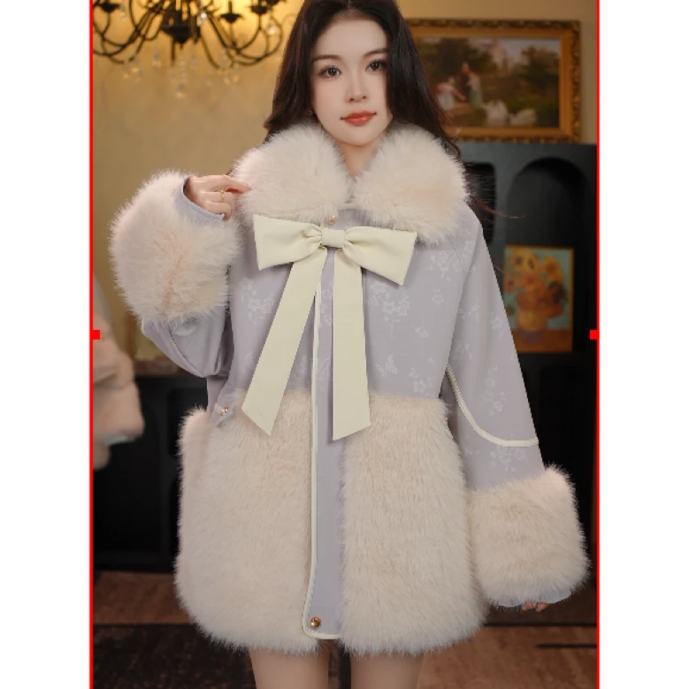 AODUOSEN/奥多森高端定制女童暗纹紫蝴蝶小香风皮衣一体毛毛外套