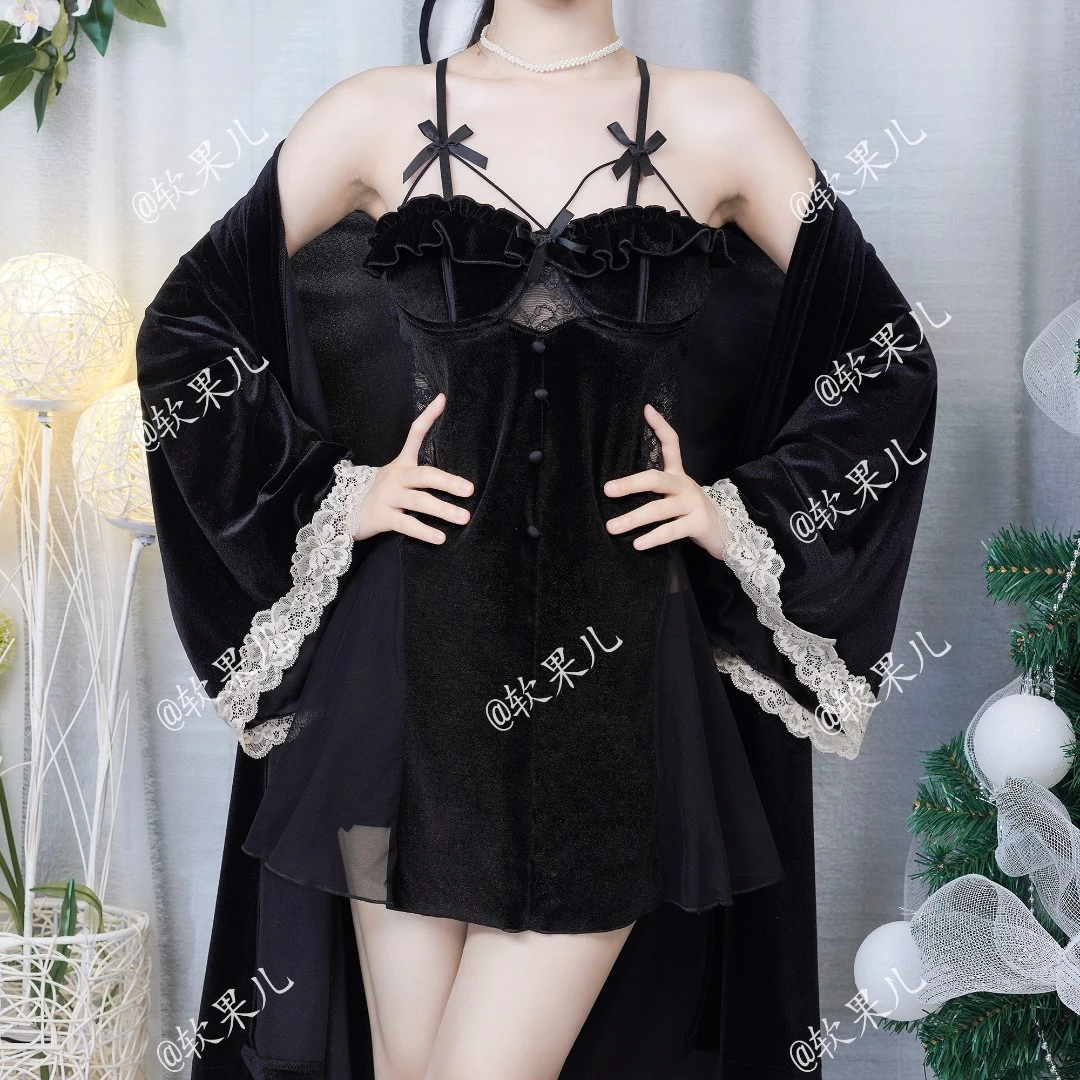 【柔情似水】睡裙女性感吊带气质高定女性成人睡衣蕾丝金钻绒套装