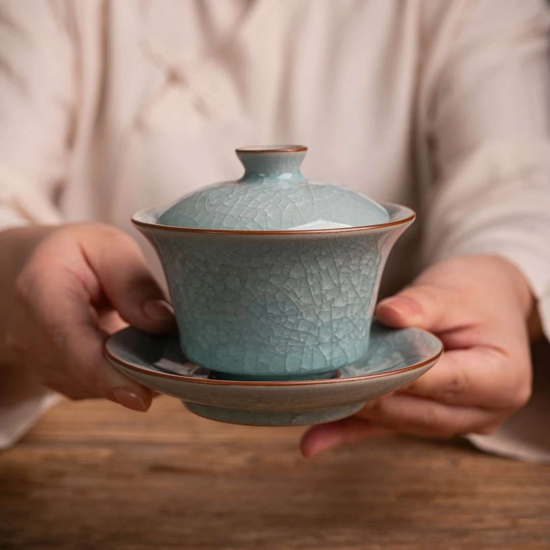冰花马蹄盖碗圈足烧汝州原矿原釉茶具手工带盖中式茶杯陶瓷茶道