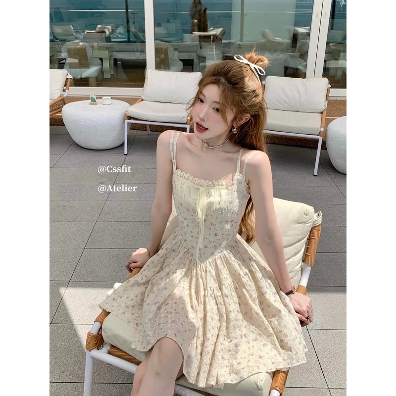 【折扣】迟伞伞 月光洋桔梗 碎花吊带丝绒系带吊带连衣裙