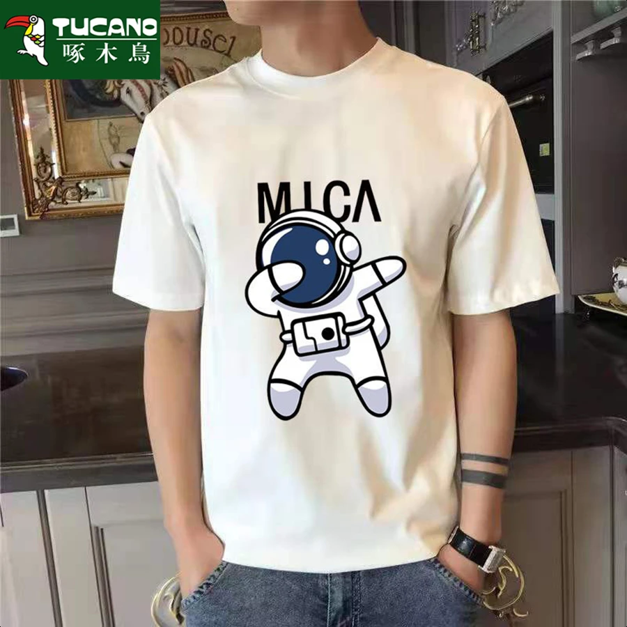 啄木鸟【230克】纯棉重磅短袖t恤男女同款圆领潮流韩版宽松印花体恤