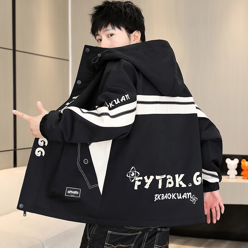 秋季新款青少年大童男生休闲港风宽松工装连帽夹克外套百搭男褂子