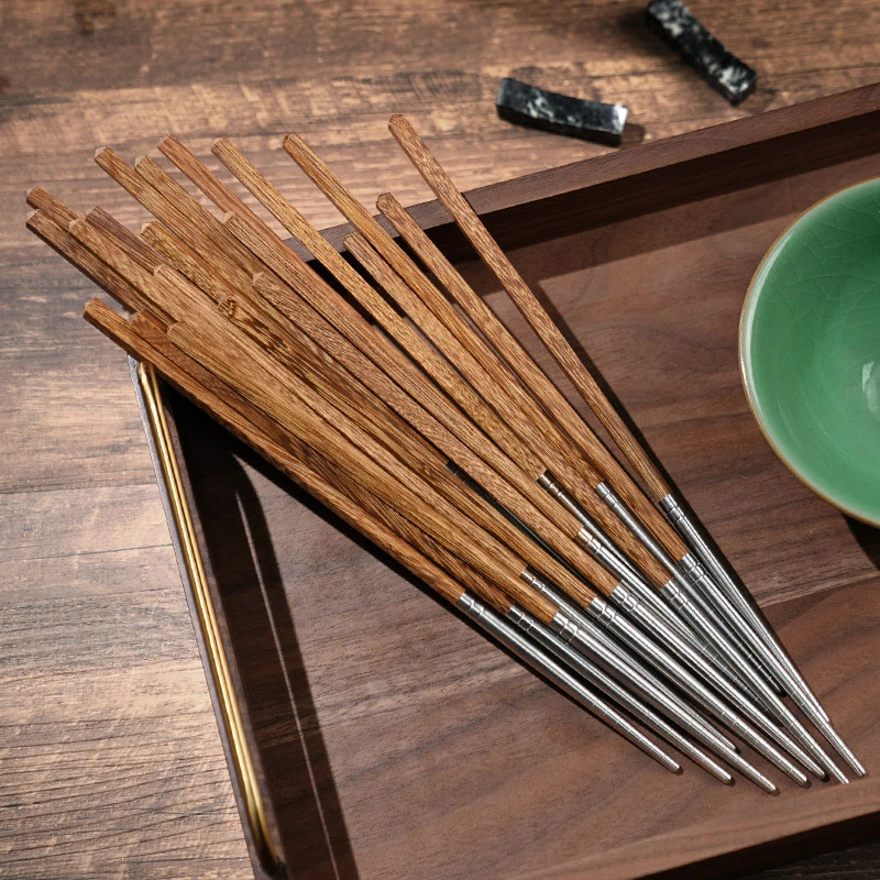 柏森优家家用筷子鸡翅木创意不锈钢筷嘴防滑防霉10双装木质筷子