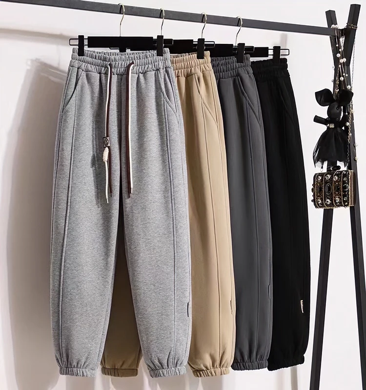 加绒灰色系运动裤子女秋冬2024新款高腰束脚休闲小个子外穿卫裤