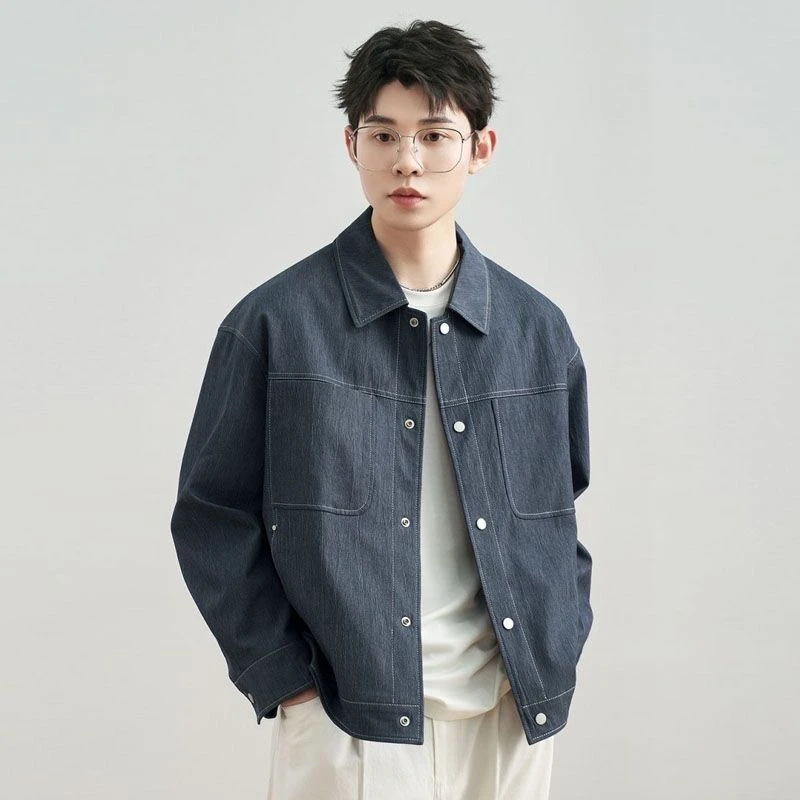 2024春秋季新款翻领棉质仿牛仔外套宽松潮流秋装上衣夹克男士
