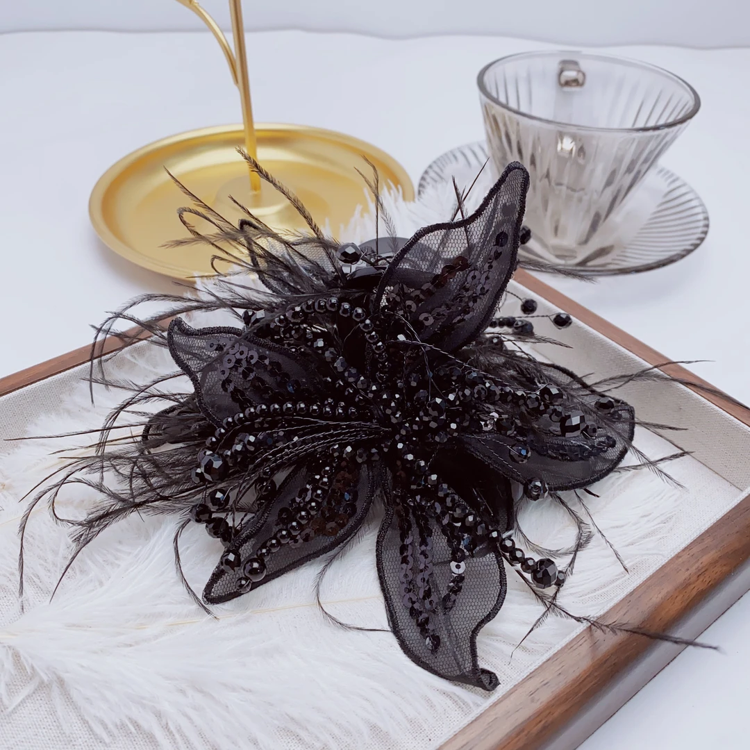 韩版时尚灵动绢纱羽毛手工串珠抓夹森系仙美在逃公主造型头饰发夹