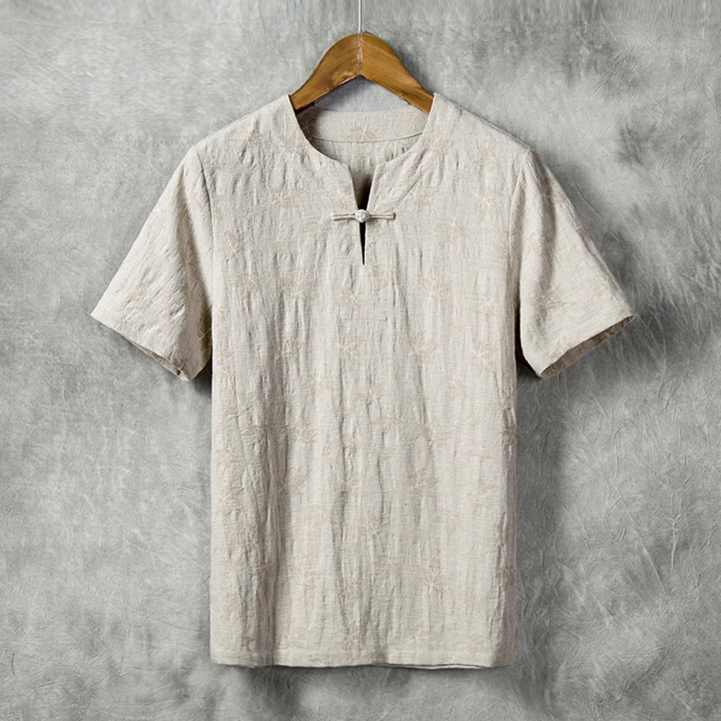 由天丨提花棉麻男士短袖T恤夏季V领中国风亚麻男装中年V领复古风