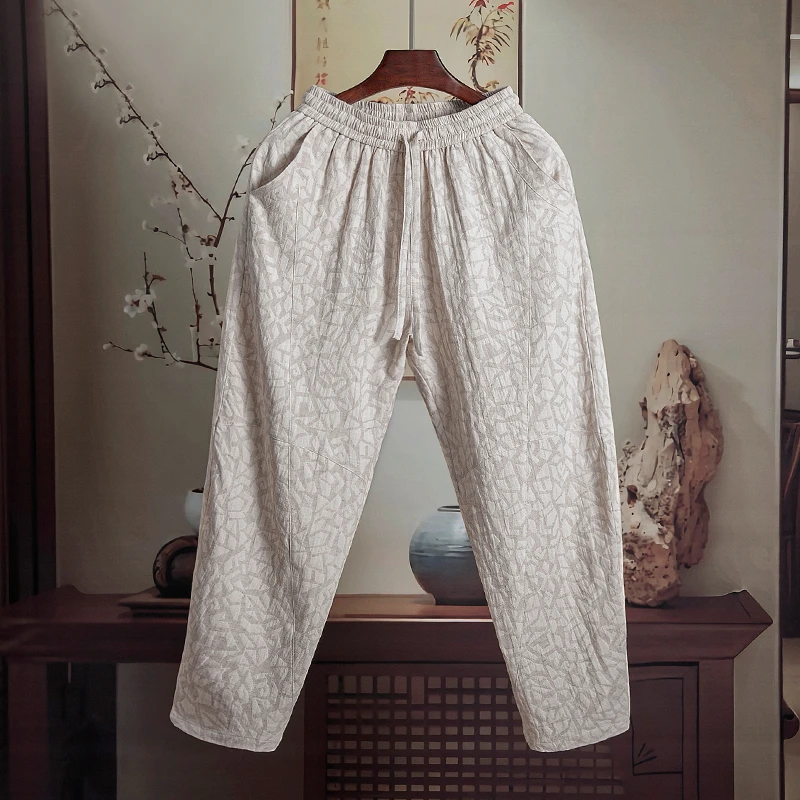由天丨春秋款男士棉麻休闲裤暗纹提花宽松大码阔腿男裤中国风长裤
