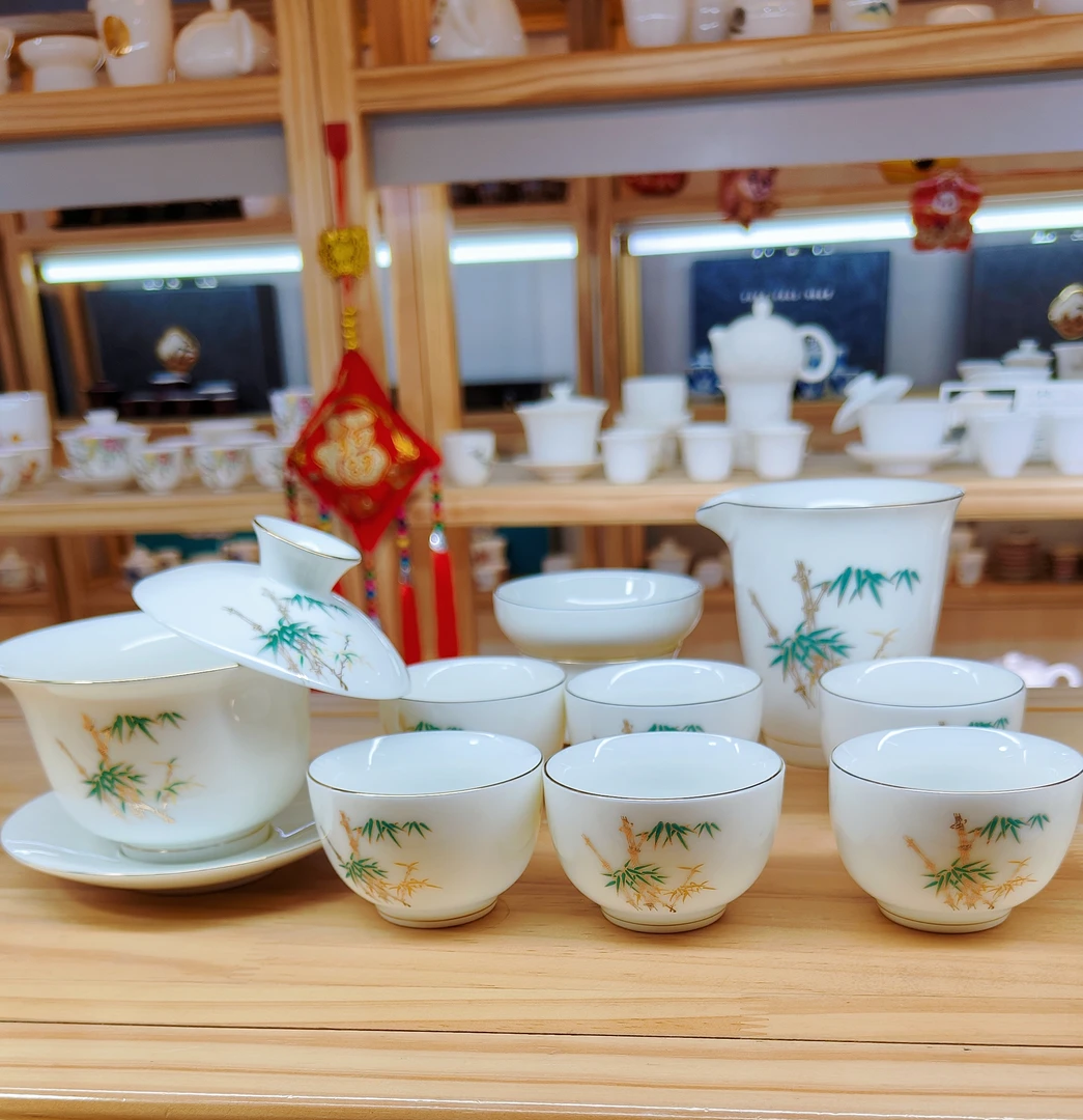 高档中式羊脂玉白瓷茶具礼品功夫茶  竹报平安套装（下单送主人杯）