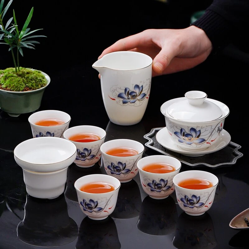 羊脂玉瓷套装(不带礼盒)家用茶具中式陶瓷——荷塘月色盖碗+主人杯