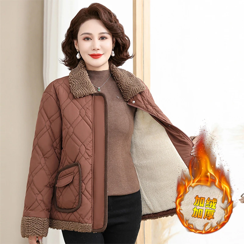 妈妈冬装加绒加厚翻领棉衣短款中老年女装洋气保暖中年冬大码棉袄