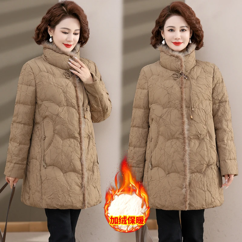 妈妈冬装加厚羽绒棉服时尚高贵加绒外套中老年女装衣服中长款棉袄
