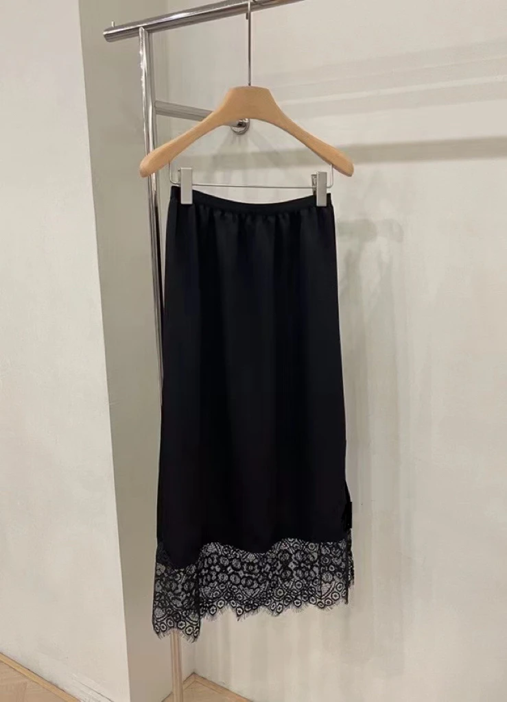 「Plus beauty 」蕾丝边黑色气质高腰显瘦半身裙