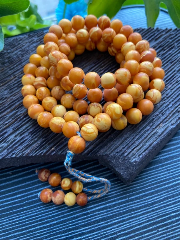 天然欧洲回流老虎皮妖花蜜蜡108佛珠挂件手链