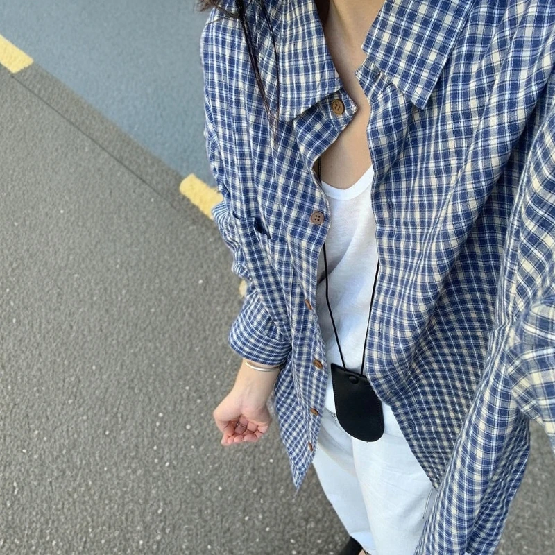 韩版轻奢蓝色格子衬衫女春秋新款宽松遮肉显瘦长袖衬衣外搭防晒衫