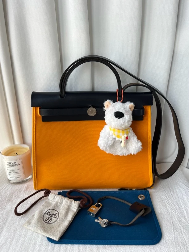 95新 Hermes/爱马仕 太阳黄拼海湖蓝herbag31单肩斜挎包A刻