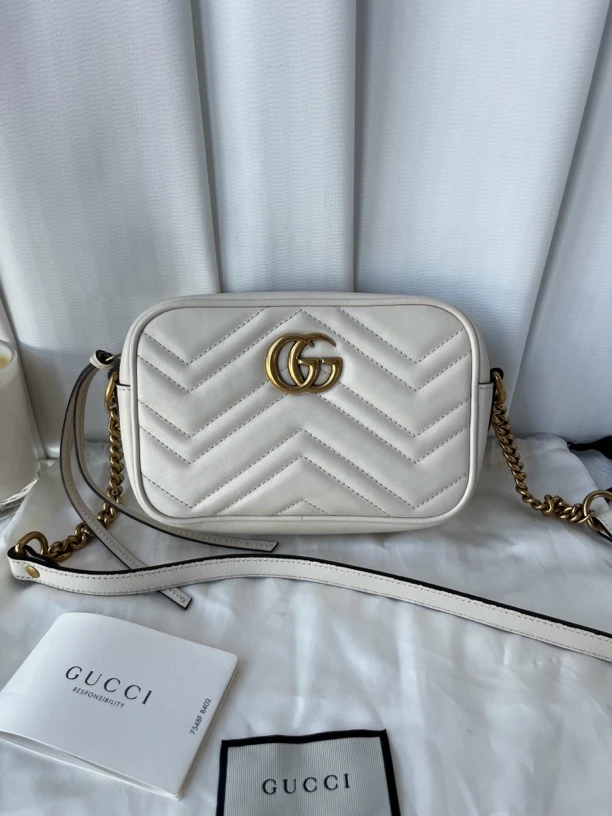 95新 GUCCI/古驰 马蒙白色小号相机包单肩斜挎包