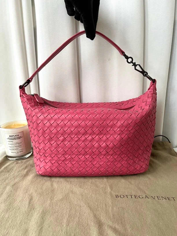 95新 BOTTEGA VENETA/葆蝶家 BV玫粉色编织饭盒包遛狗手提单肩包