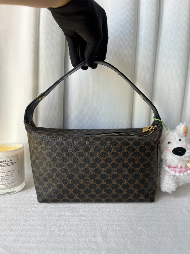 99新 Celine/思琳 棕色经典凯旋门老花饭盒手提包单肩包腋下包