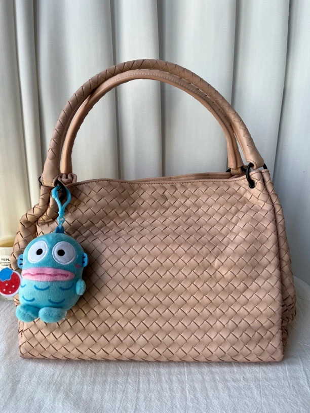 95新 BOTTEGA VENETA/葆蝶家 BV奶油粉编织托特包手提单肩腋下包