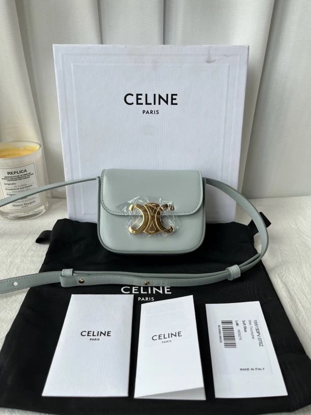 99新 Celine/思琳 限定款雾霾蓝迷你凯旋门翻盖单肩斜挎包腰包
