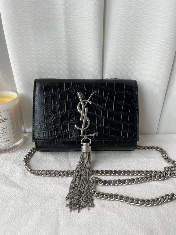 99新 YSL/圣罗兰 黑银迷你流苏牛皮鳄压纹单肩斜挎链条包