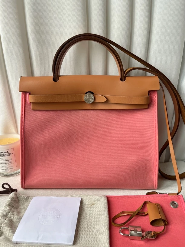 95新 Hermes/爱马仕 herbag31粉色手提单肩斜挎包购物袋X刻