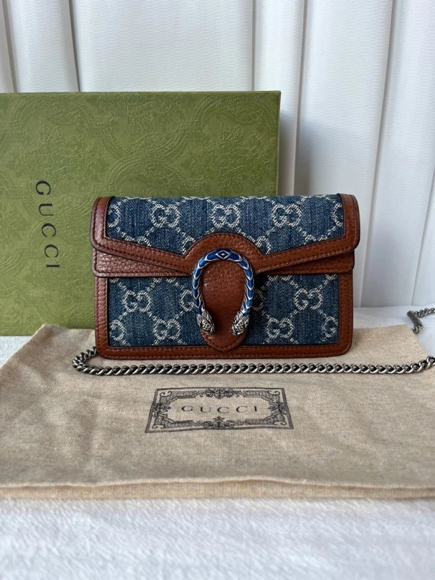 99新 GUCCI/古驰 经典丹宁牛仔老花迷你酒神woc单肩斜挎包链条包