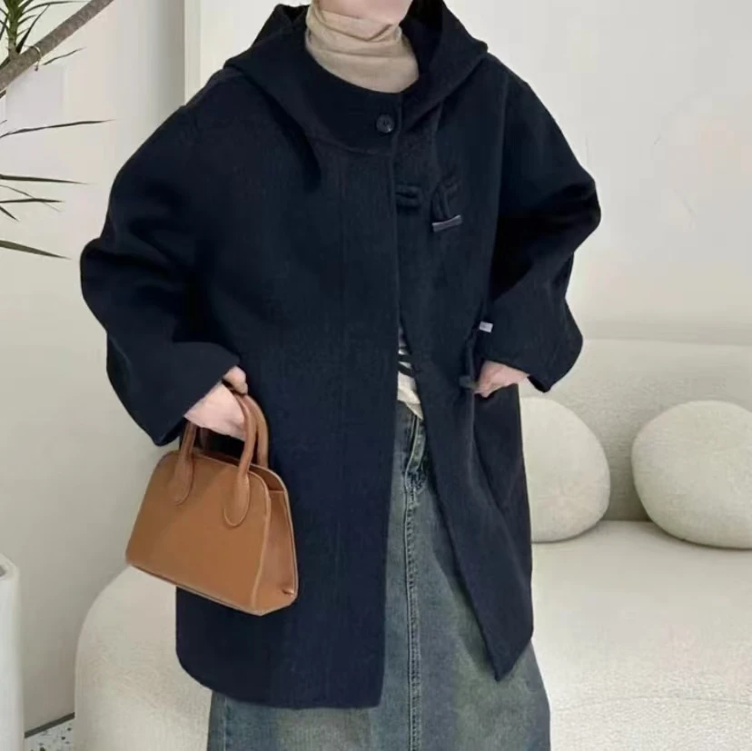 连帽牛角扣双面羊毛大衣秋冬双面呢短款6028