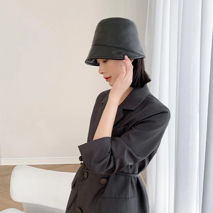 海宁真皮整皮时尚百搭渔夫帽 水桶帽 画家帽 文艺风休闲帽 显脸小