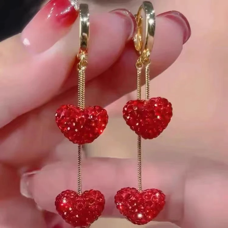 恣睢 锌合金耳饰 R0R54心心相印红色爱心卡扣流苏耳环