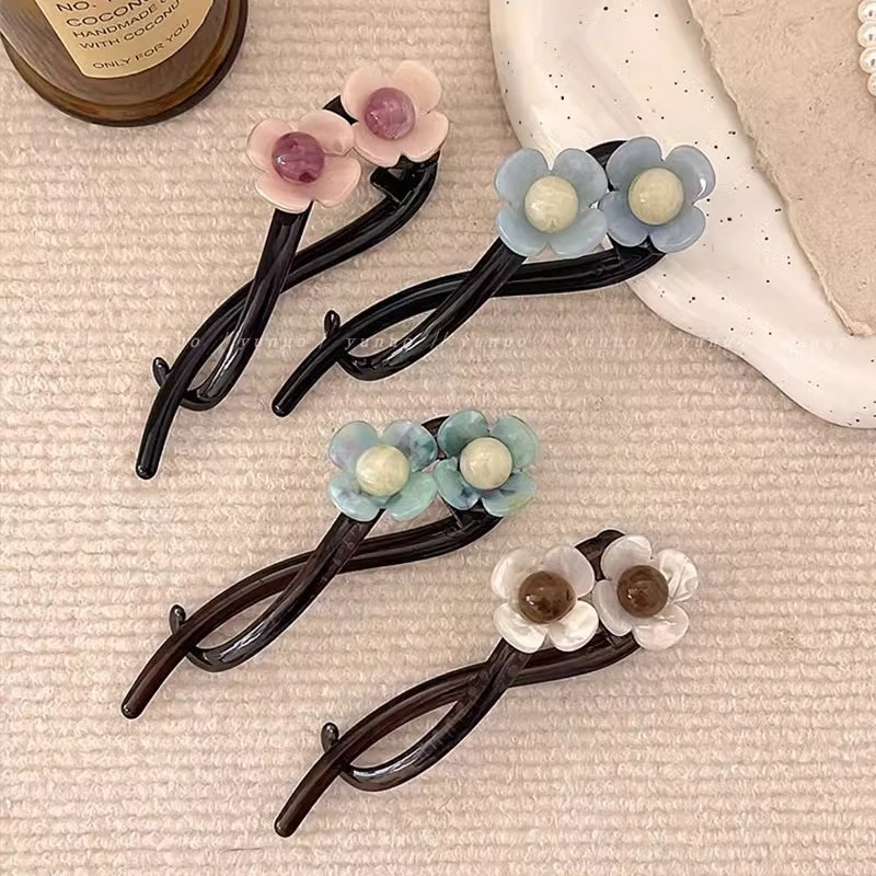 韩系高端花朵一字抓夹女高级感扭扭发夹后脑勺复古鲨鱼夹头饰简约