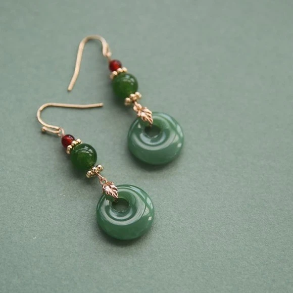 合金耳饰 翠环兰亭碧绿平安扣耳环时尚手工耳坠复古风耳饰百搭