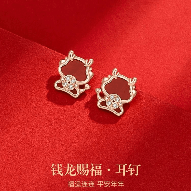 合金耳饰 新年爆款红色龙年耳钉新款爆款秋冬高级感耳环醒狮耳饰