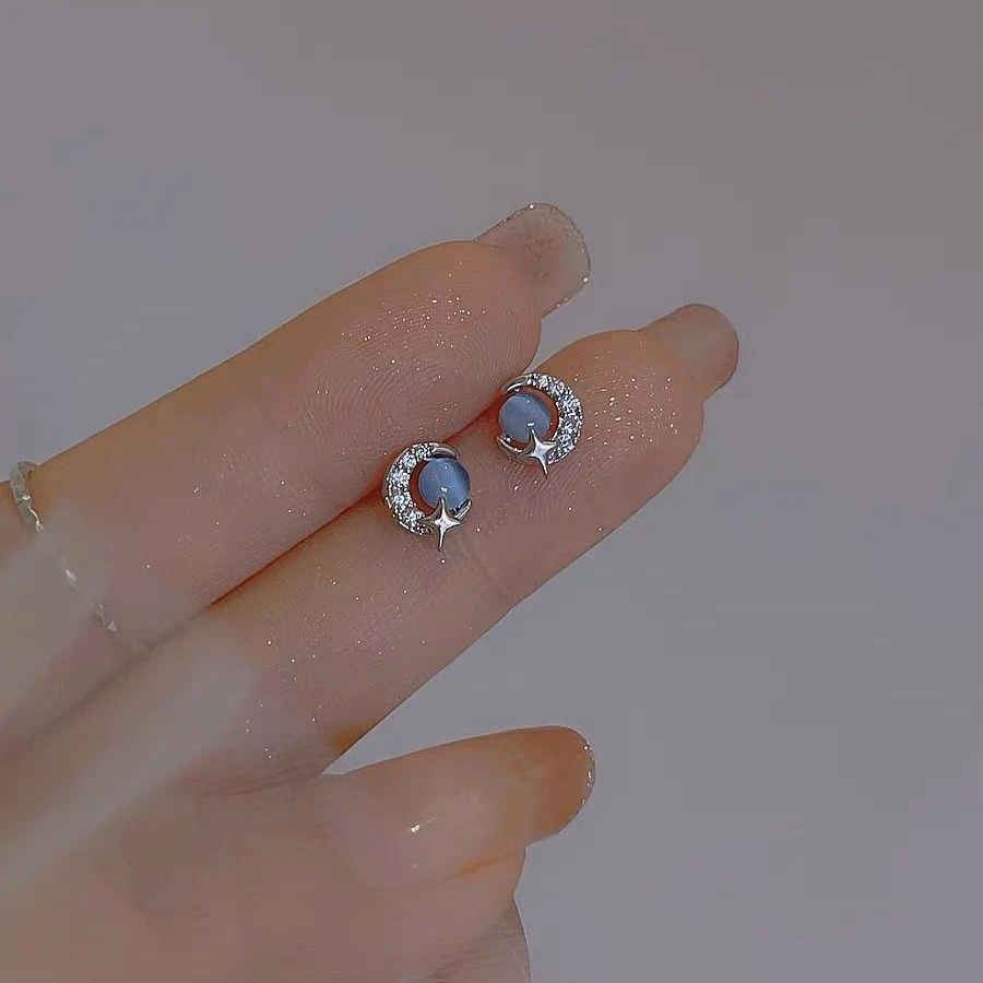 合金耳饰 蓝色梦幻小清新月亮星球耳钉新款小众迷你气质耳环百搭