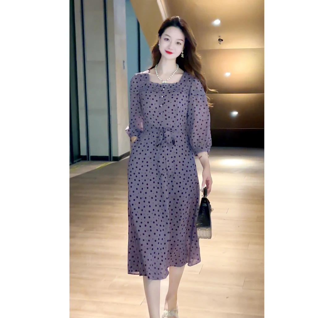 【紫色心情】--秋款紫色小碎花简约几何气质小众优雅复古连衣裙