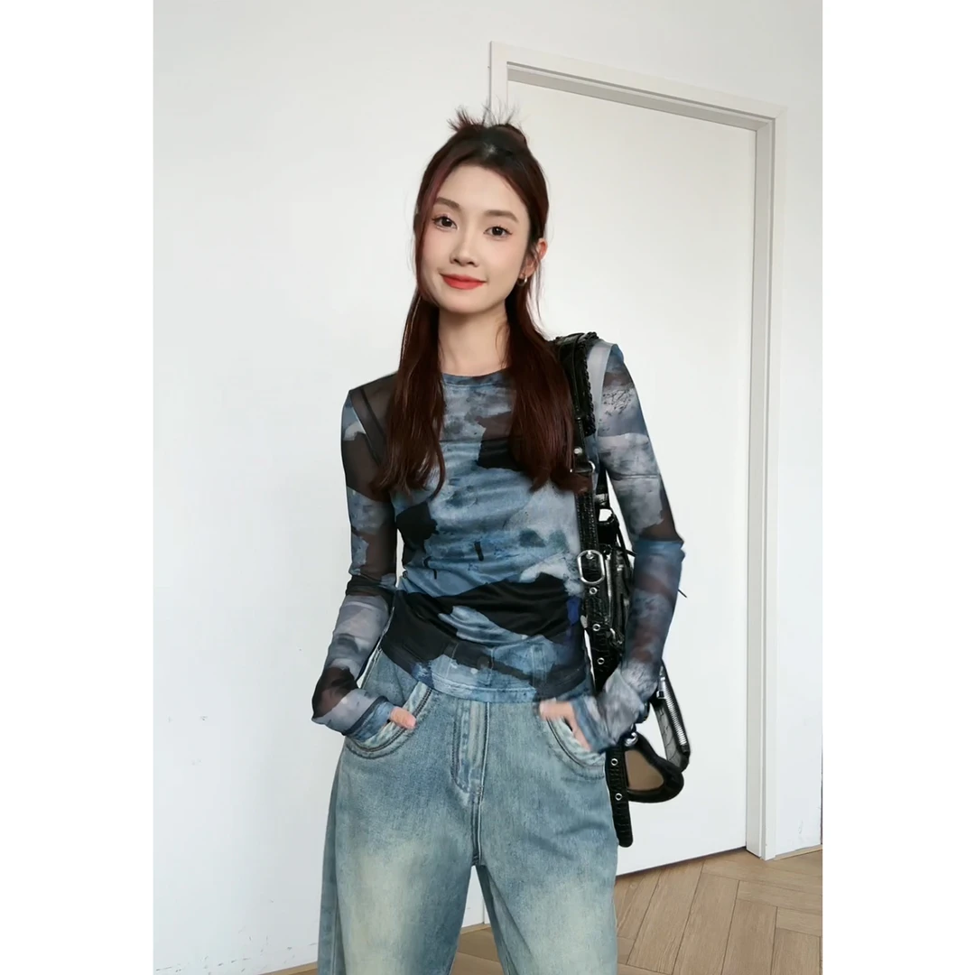 辣妹穿搭打底衫显瘦长袖圆领时尚扎染百搭夏季短款打底修身通勤