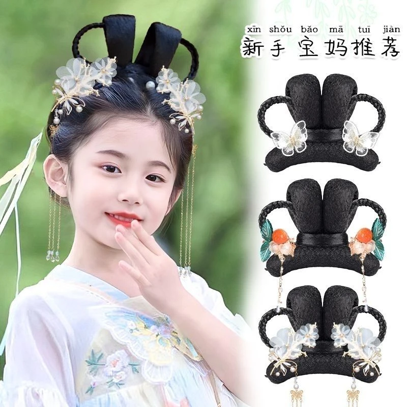 儿童汉服假发女古装假发包女童舞台演出发型头饰汉服造型发夹假发