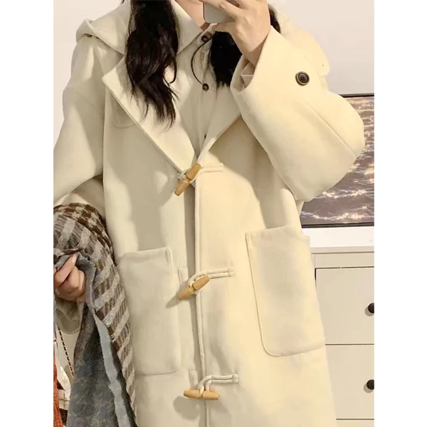 牛角扣白色呢子大衣女2024秋冬新款毛呢外套冬天小个子中长款韩系
