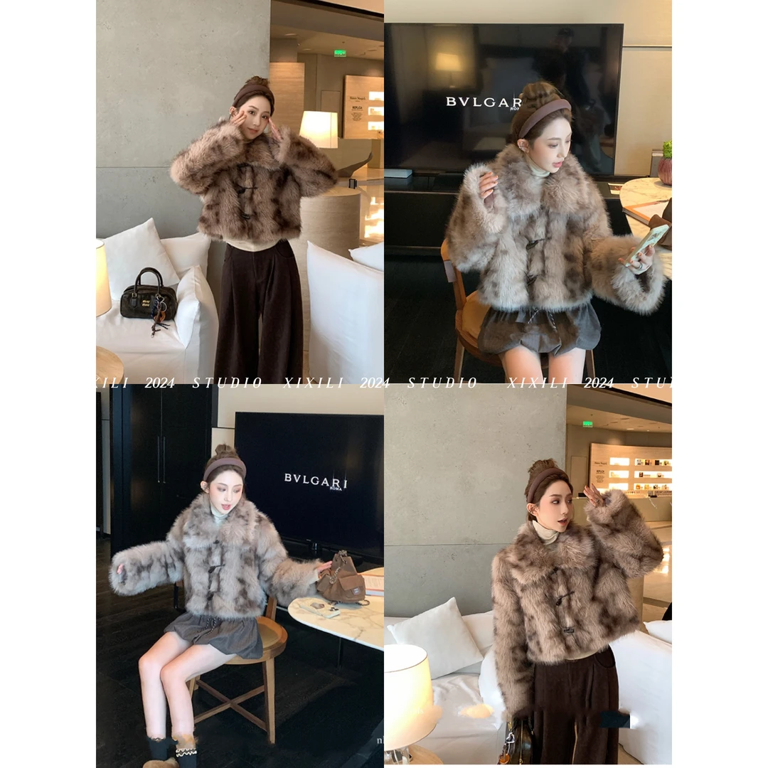 现货！XIXILI“黑糖香槟”琥珀沙棕色超洋气网红同款秋冬毛毛外套