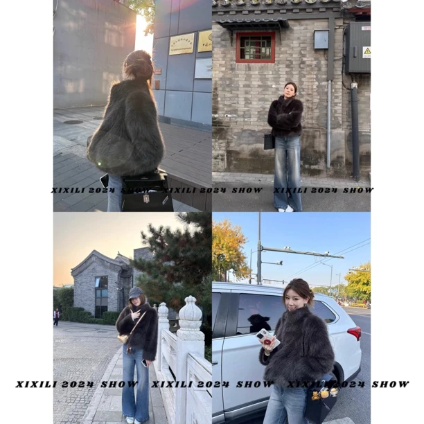 XIXILI“乌木灰短短”2024网红新款毛毛外套环保草皮毛一体毛毛外套