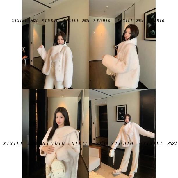 XIXILI“暖暖”自带氛围感加围脖2024新款秋冬毛毛外套环保草