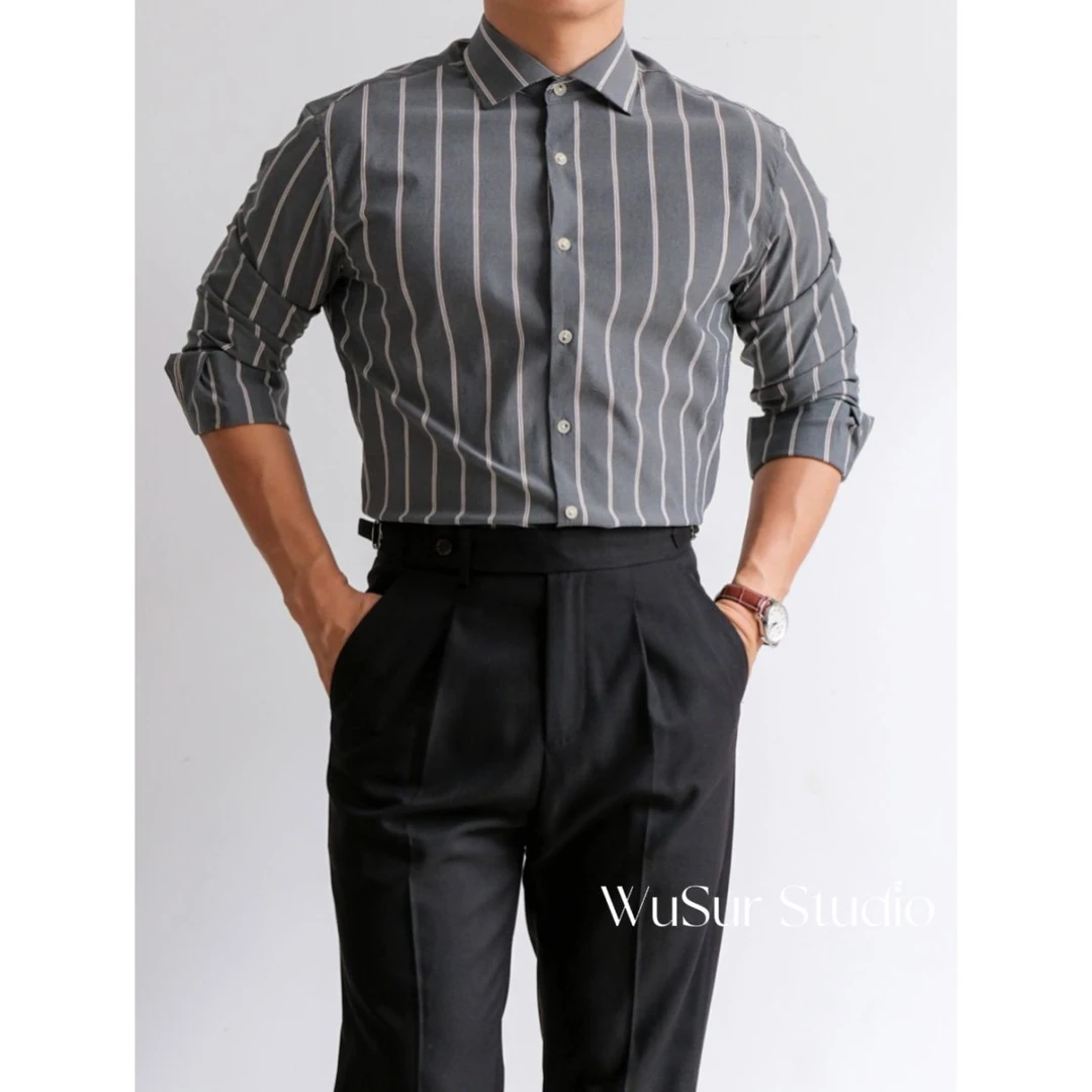 [WUSUR]S136英伦男士温莎领灰白条纹衬衣免烫商务绅士休闲衬衫