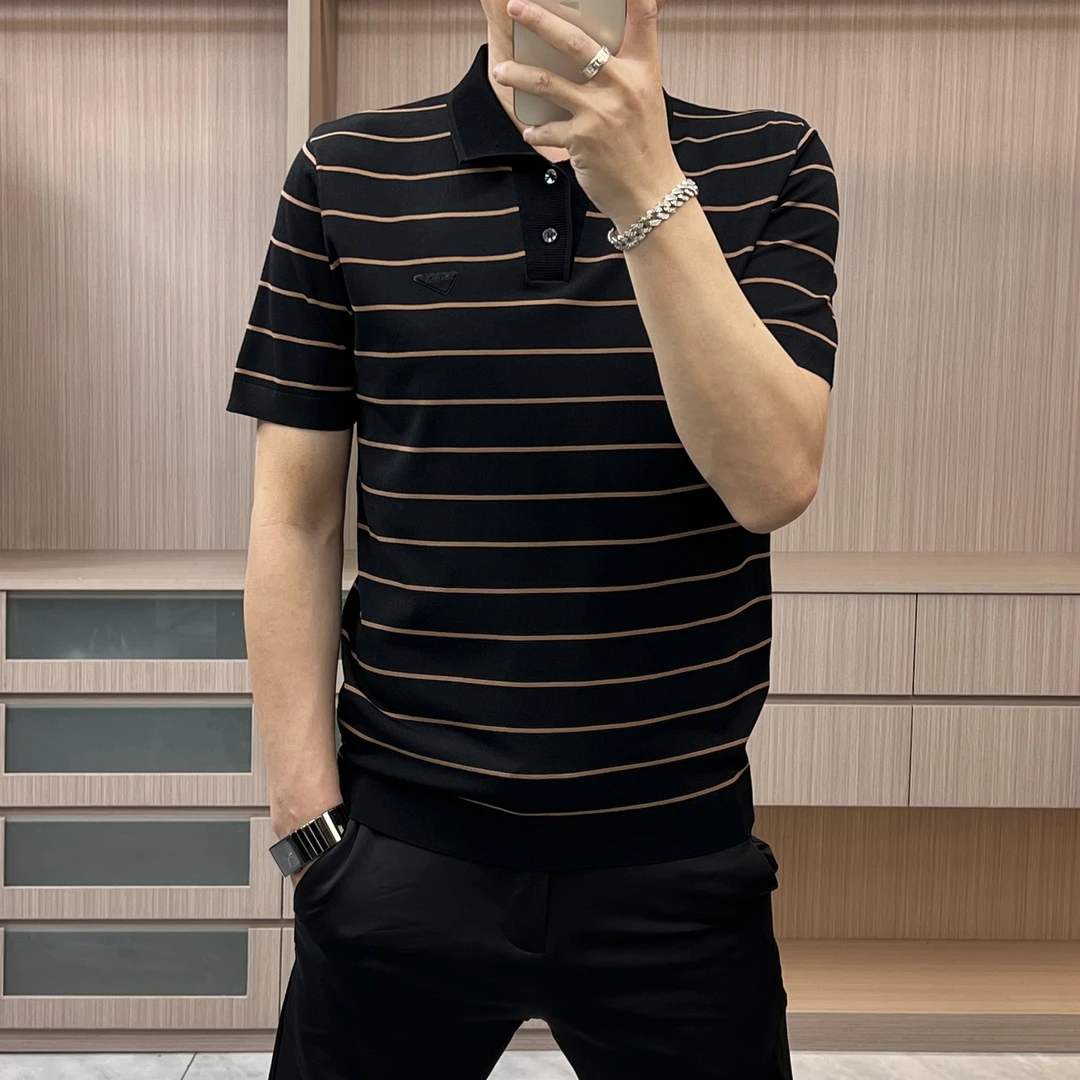 夏季男士简约商务针织条纹短袖翻领Polo衫修身弹力高品质中年上衣