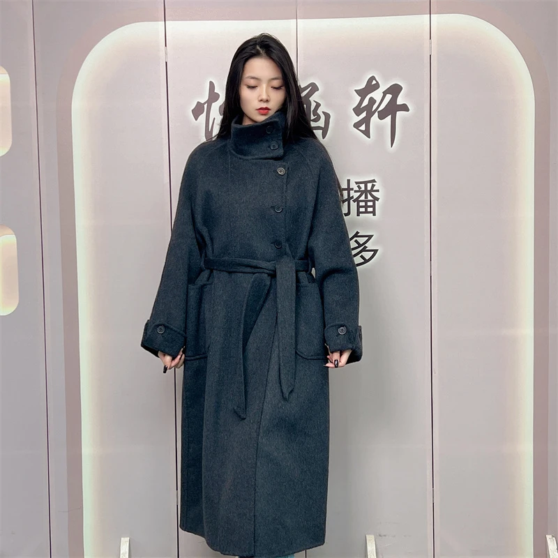 【8330】新款双面呢大衣秋冬长款立领加厚保暖系带收腰羊毛呢外套